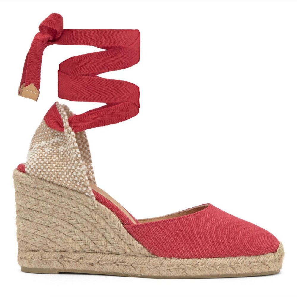 Castaner Coral Red Canvas Espadrille Wedge with Ankle Wrap
